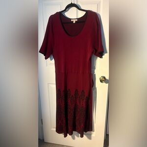 Dress Barn Burgundy Midi Sweater Dress with Black Pattern
